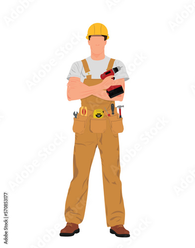 Contractor Worker, Handyman In Overall And Tool Belt Holding Drill, Repair Craftsman Illustration