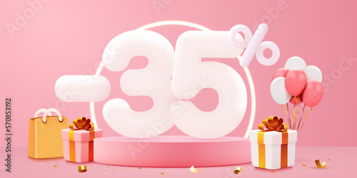 35 percent Off. Discount creative composition. Sale symbol with decorative objects, balloons, golden confetti, podium and gift box. Sale banner and poster.