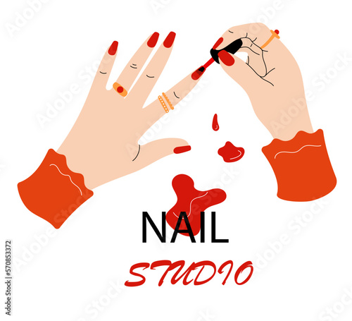 Nail studio. Manicure service. Beauty salon. Manicurist paints fingernails with polish. Female hands. Red cosmetic varnish. Woman arms. Girls fingers holding brush. Vector illustration