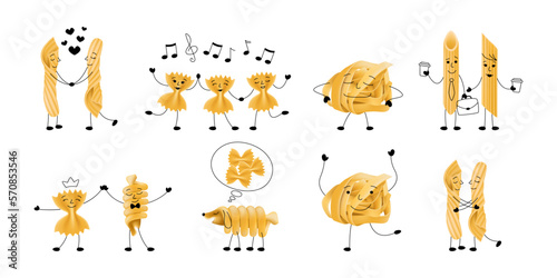 Kawaii pasta, cute spaghetti, smiling macaroni characters. Food with doodle hands, legs and faces, dough with happy smile. Romantic valentine elements. Funny mascot. Vector cartoon illustration