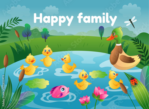 Happy family. Many duck kids with mother. Reeds in pond. Duckchick birds swimming in lake. Calm young animals. Yellow chick diving in water. Ducklings group. Vector tidy illustration
