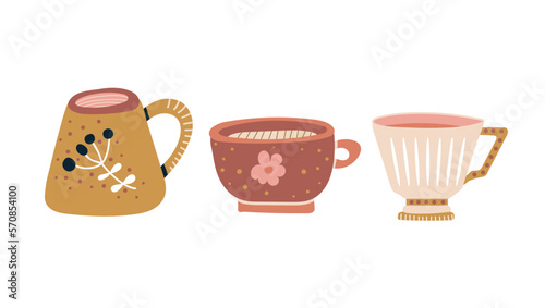 Cups decorated with design elements collection of different modern vector flat illustration. Set of colored mugs filling by beverages isolated. Cute trendy crockery with handle for drink. Vector .