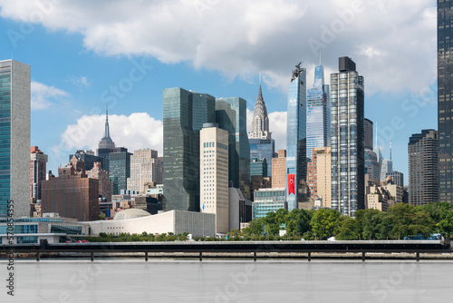 Skyscrapers Cityscape Downtown  New York Skyline Buildings. Beautiful Real Estate. Day time. Empty rooftop View. Success concept.