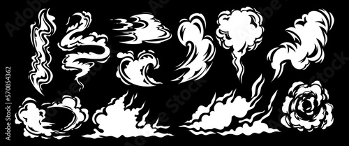 Flash jump clouds. Smoke objects. Swirling gas effect. Car fume. Wind or white mist. Force dust. Sprite blast. Speed shot. Vapor steam. Comic elements set. Vector cartoon garish clipart