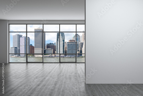 Downtown New York City Lower Manhattan Skyline Buildings. High Floor Window. Mock up wall. Real Estate. Empty room Interior Skyscrapers View Cityscape. Financial district. Day. 3d rendering.