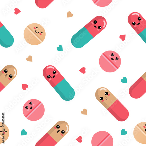 Cute pills, medicine drug pattern. Health emoji, medical tablets, pharmacy vitamins, depression painkiller. Funny characters. Decor textile. Vector seamless current background