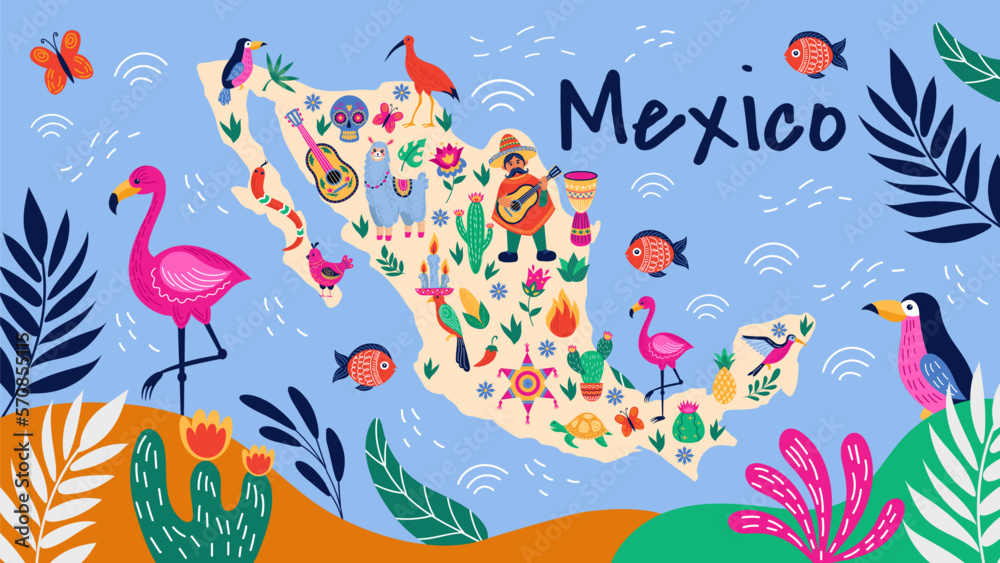 Mexico art. Mexican travel map with animals and country attributes. Llama and turtle. Muertos skull. Nature and traditional holidays. Pinata party. Vector cartoon tidy banner design