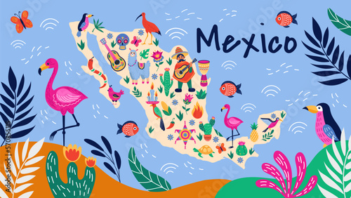 Mexico art. Mexican travel map with animals and country attributes. Llama and turtle. Muertos skull. Nature and traditional holidays. Pinata party. Vector cartoon tidy banner design