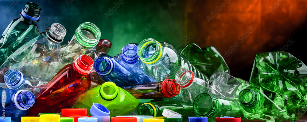 Empty colored drink bottles. Recyclable plastic waste