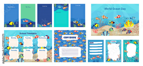 Big set of vector templates planner, to do list, marine design exotic fish. Organizer of the school timetable lessons.