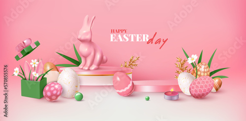 3d easter pastel product display. Abstract shapes, cute pink bunny, glossy render rabbit and eggs, leaves and flowers, podium or stage. Web banner template. Vector exact background