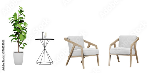 Fototapeta Naklejka Na Ścianę i Meble -  Set of interior furniture on transparent background, armchair, black table, plant in pot, 3d render illustration.
