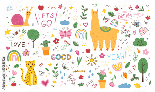 Cute scribble plants, funny animals, heart and rainbow. Tropical leaves and flowers. Handwritten love phrases, decoration hand drawn llama, leopard and snail. Vector trendy doodle utter set