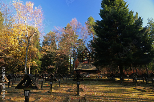 Fototapeta Naklejka Na Ścianę i Meble -  War cemetery and chapel on Malastowska pass in Low Beskids, Poland