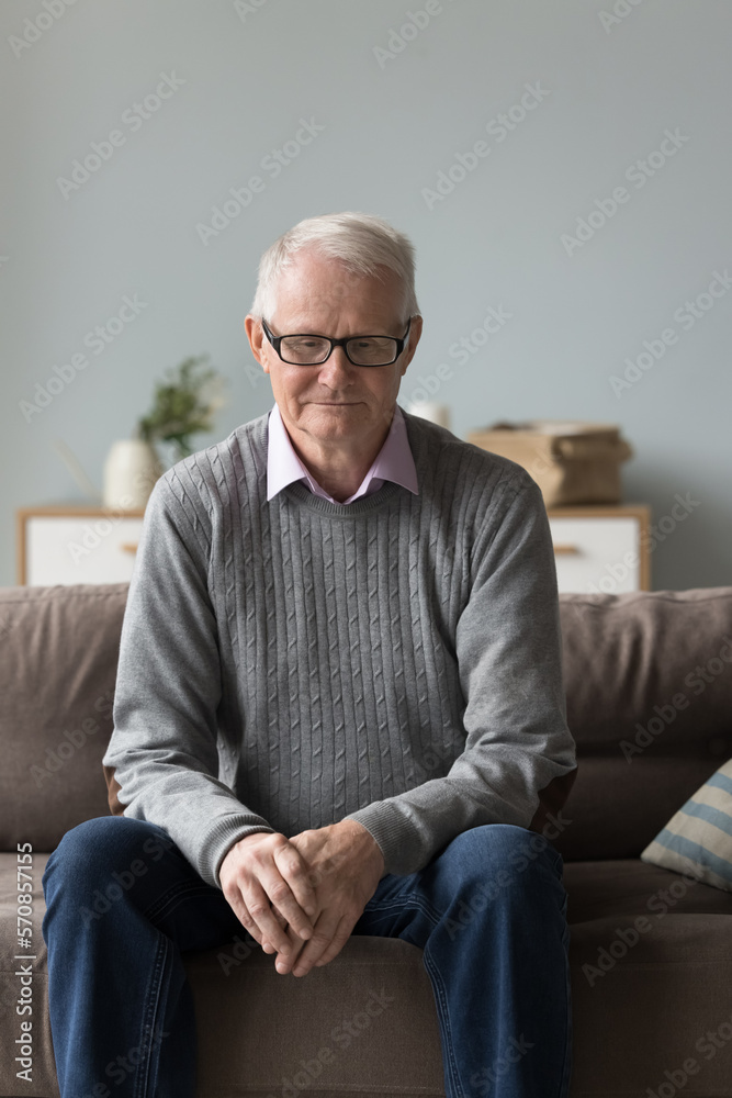 Thoughtful older retired man in eyeglasses and elegant casual clothes lost in good thoughts sitting on soft couch at home, looking away, holding hands, thinking, dreaming. Vertical portrait