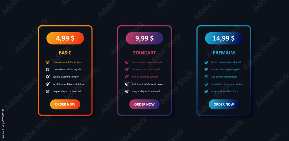 Tarrifs plan banner list. Banners with pricing discount and feature checklist. Basic, standart and premium. Vector EPS 10 Tarrifs plan banner list. Banners with pricing discount and feature checklist. Basic, standart and premium. Vector EPS 10