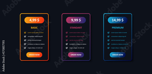 Tarrifs plan banner list. Banners with pricing discount and feature checklist. Basic, standart and premium. Vector EPS 10