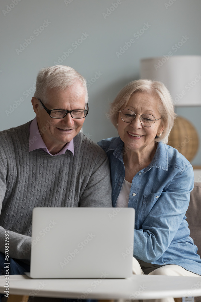 Happy elderly husband and wife in glasses using online app on laptop, typing, talking on video call, smiling, laughing, shopping on internet, sitting on home sofa, enjoying Internet communication Happy elderly husband and wife in glasses using online app on laptop, typing, talking on video call, smiling, laughing, shopping on internet, sitting on home sofa, enjoying Internet communication