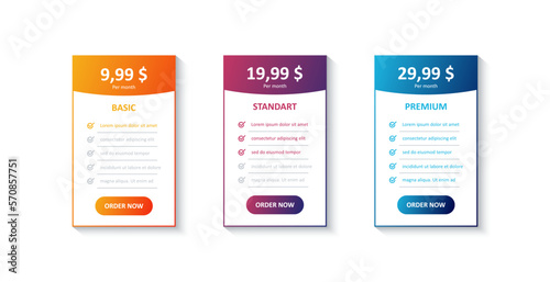 Tarrifs plan banner list. Banners with pricing discount and feature checklist. Basic, standart and premium. Vector EPS 10