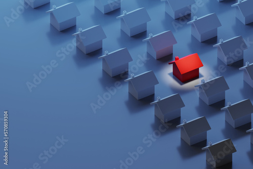 a concept where the bad houses among many houses are marked in red  3d rendering