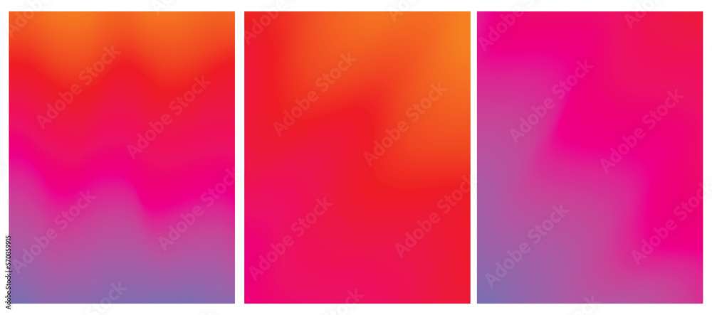 Set of 3 Vector Layouts with Gradient Colorful Wavy Lines. Orange-Red and Purle-Violet Backgound. Simple Geometric Minimalist Prints without Text ideal for Cover, Flayer, Banner, Blanks.