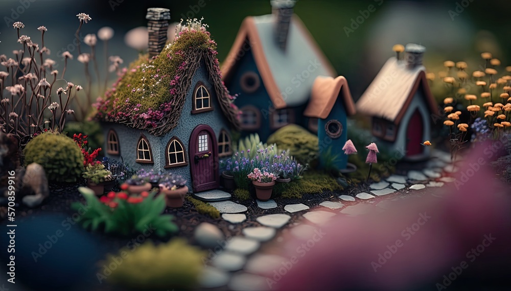 Kleine verträumt niedliche Häuser in einer winzig lieblichen Landschaft, Generative KI - obrazy, fototapety, plakaty 