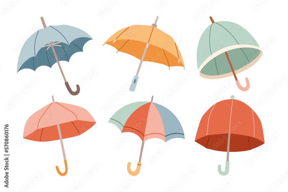 Set of different Umbrellas. Open umbrellas. Various prints. Hand drawn colored Vector illustration. Flat style.