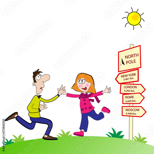 Niña y hombre en el campo con carteles informativos.