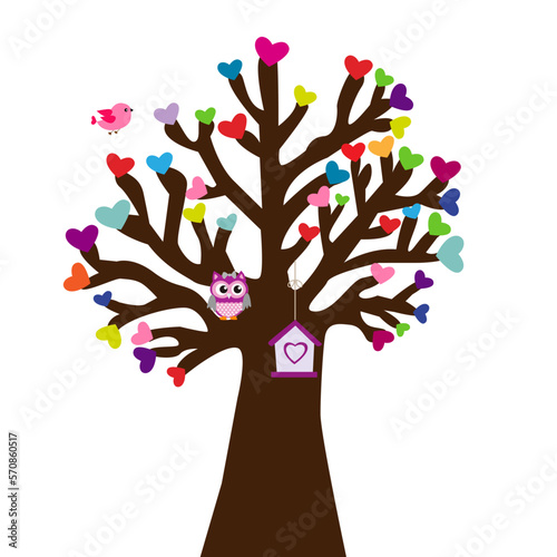 Árbol con nido, búho y corazones de colores.