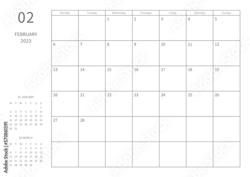 February 2023 simple design digital and printable calendar template illustration. Notes, scheduler, diary, calendar, memo, planner document template background. 
