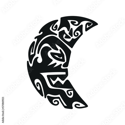 Moon Angry Face. Maori Tattoo Ornament. Ethnic Mask. Black and White Vector illustration