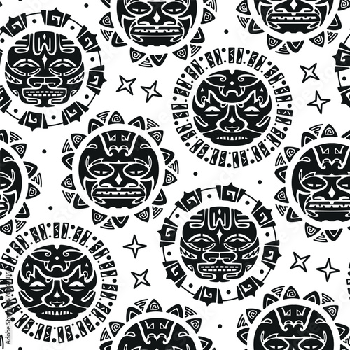 Sun Angry Face Seamless Pattern. Maori Tattoo Ornament. Ethnic Mask. Black and White Vector illustration