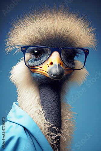 fluffy feather ostrich with glasses on. close-up portrait. blue background. 