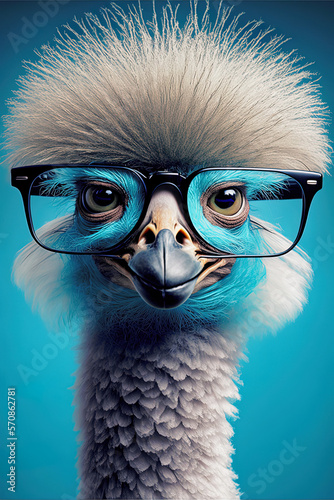 fluffy feather ostrich with glasses on. close-up portrait. blue background. 