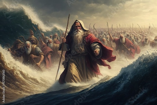 KI generiert - Die Teilung des Meeres: Moses führt das Volk Israel auf wundersame Weise durch das Rote Meer, ein symbolträchtiges Ereignis in der jüdischen Geschichte. Hintergrundbild photo