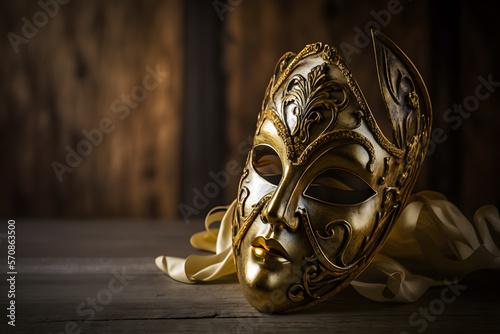 Golden venetian mask on a wooden table made with Generative AI