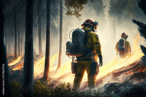 Firefighters extinguishing a forest fire. Generative AI illustration.