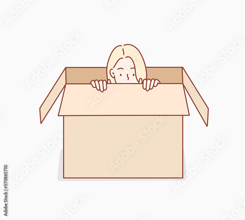 Young woman hiding in a carton box. Hand drawn style vector design illustrations.