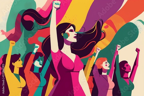 Fotografiet Illustration de femmes levant le point en l'air pour le 8 mars, journée des droi