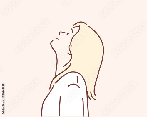 happy young woman looking up. Hand drawn style vector design illustrations.