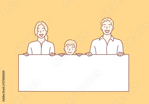 Young family with a banner. Hand drawn style vector design illustrations.