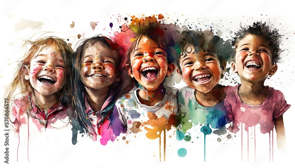 group of happy children grimace and laugh. Watercolor illustration - obrazy, fototapety, plakaty 