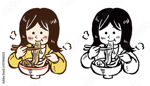 ラーメンを食べる若い女性　手描きイラスト　単色線画・カラーのセット