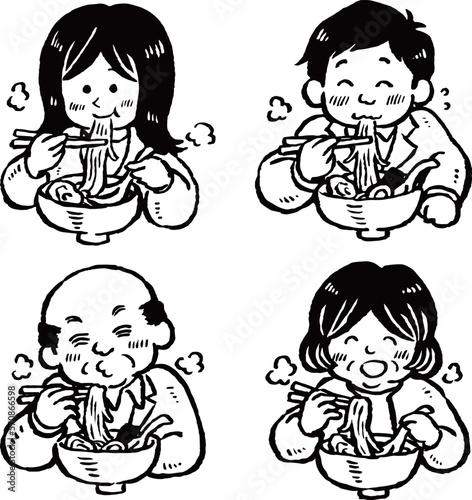 ラーメンを食べる老若男女4人　手描きイラストセット　単色線画のみ