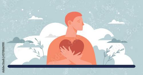 Self love concept banner, man hugging heart, self care, psychological help, healing from trauma, mental calmness. Vector flat illustration.