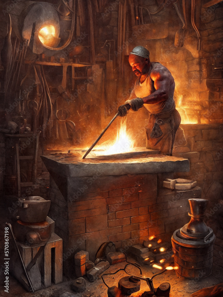 medieval blacksmith in his forge created with Generative AI technology ...