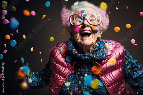 portrait of grandma celebrating Carnival festival with splash glittering rainbow papers background.generative ai.