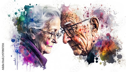 elderly couple looks worried, frustrated and terrified into the future, portrait, Old-age poverty, Limited financial resources, watercolor illustration, people art. Generative AI © cartoon-IT