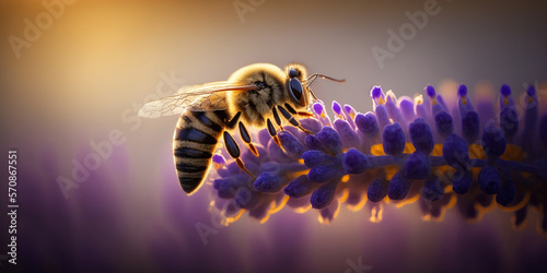 Nature's Perfect Harmony: A Macro Bee and a Lavender Field in the Morning, generated by IA