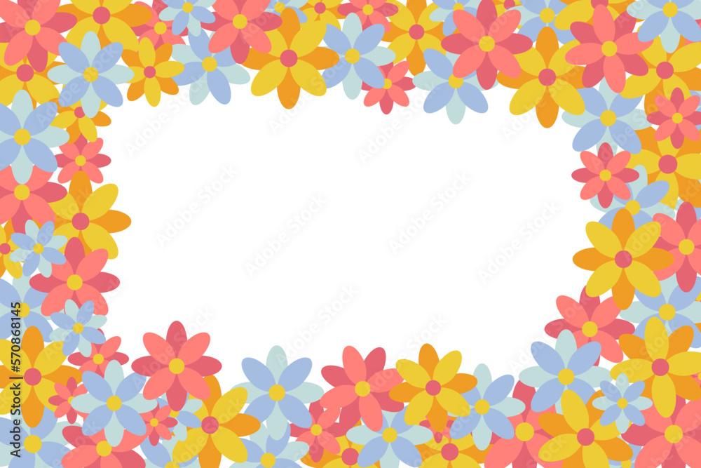 Flower frame made of bright flowers. Multi colored petals. Place for text. Copy space. Rectangular template, horizontal floral border. Vector illustration Flower frame made of bright flowers. Multi colored petals. Place for text. Copy space. Rectangular template, horizontal floral border. Vector illustration
